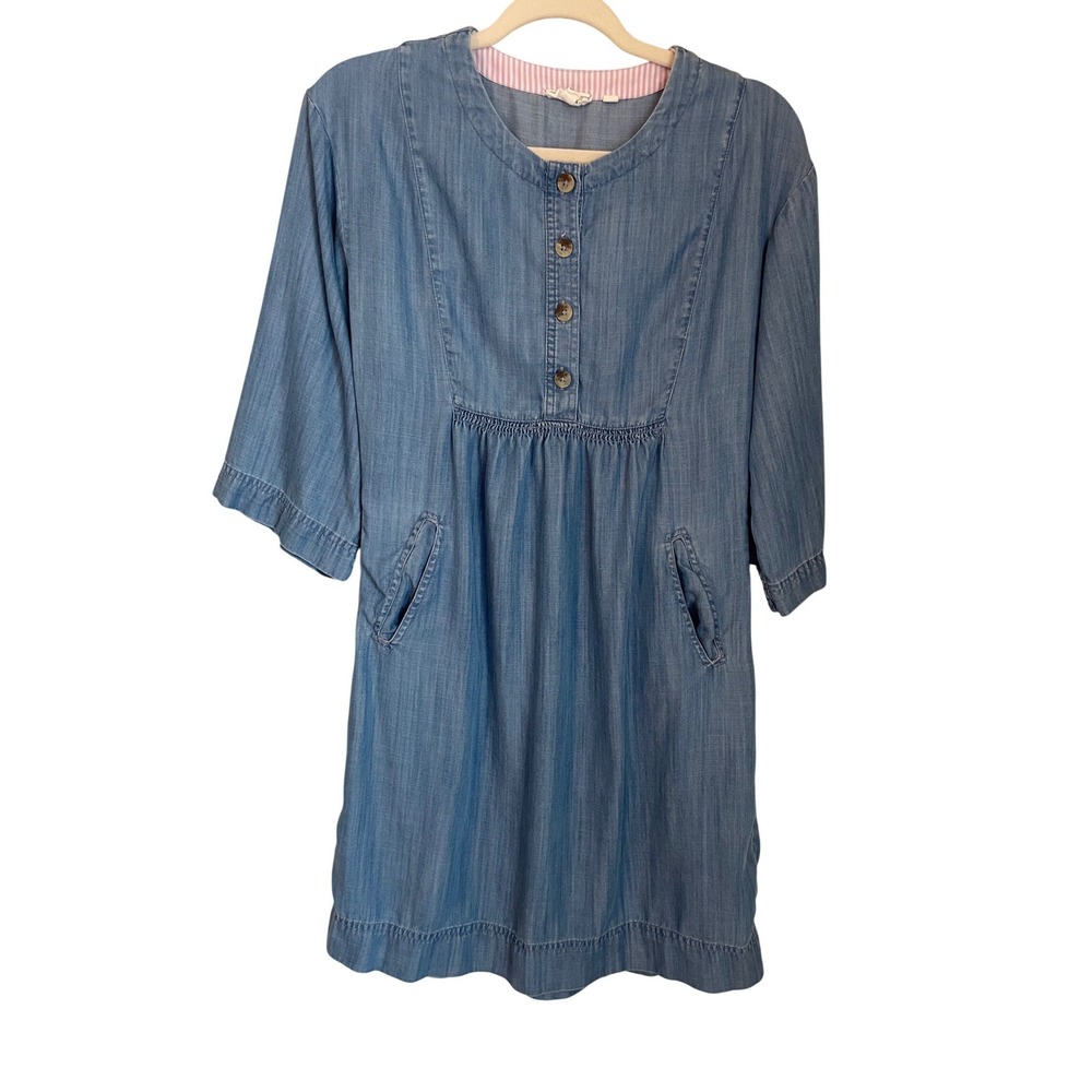 Fat Face Womens Size 2 Blue Lyocell Chambray 3/4 Sleeve Dress Coastal‎ Casual